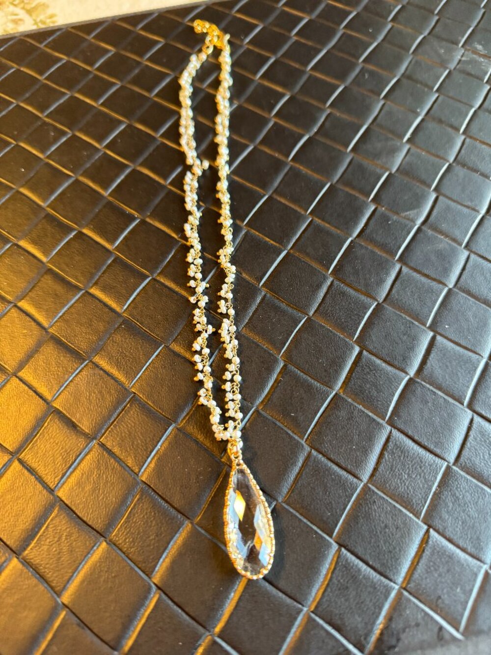 Gold Tone 18" Necklace with Tiny Faux Pearls and a Clear Tear Drop Pendant
